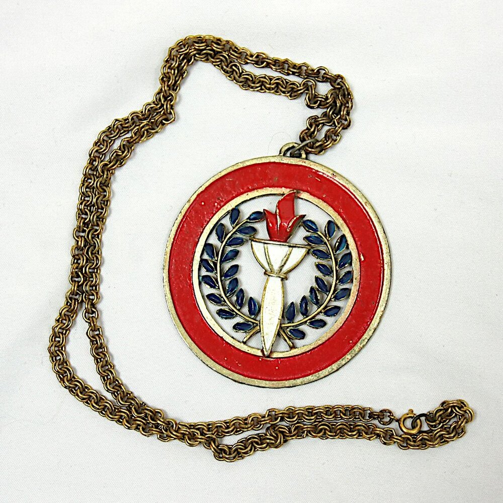 Vintage Enameled Olympic Torch Metal Pendant Statement Chain Necklace 1970s